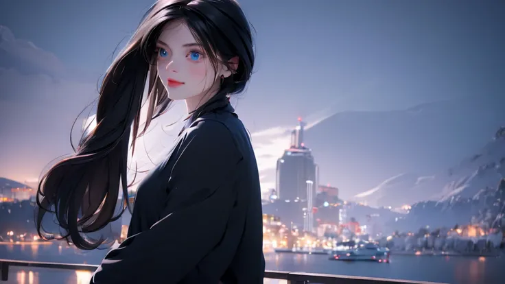 1 Girl ,  Girl medium light black hair, light blue eyes, wearing black suit, night city, 18+ , high res, ultrasharp, 8K, masterpiece, looking from behind