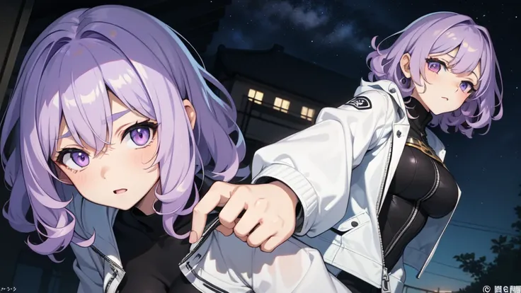 ((黒のwhole bodyタイツ)),
(masterpiece,Highest quality),1 ,whole body,(Light purple hair),Short Hair,Large Breasts,Curly Hair, Confused eyes,
White open jacket,Night Summer,