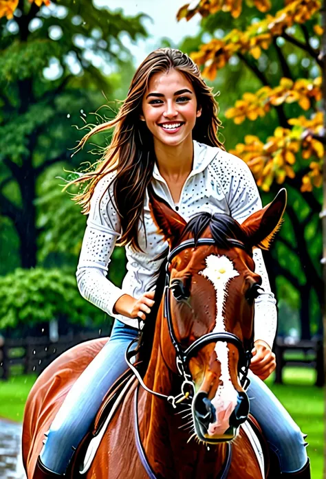 iphone Photo, low light, (20 year old woman riding riding a brown horse, white saddle, during noon, raining weather, rain, , long brown hair, sporty body, beautiful detailed eyes, beautiful detailed lips, (beautiful smile) , extremely detailed face and fea...