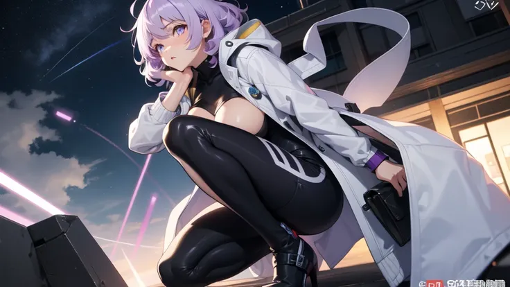 ((黒のwhole bodyタイツ)),
(masterpiece,Highest quality),1 ,whole body,(Light purple hair),Short Hair,Large Breasts,Curly Hair, Confused eyes,
White open jacket,Night Summer,Squat