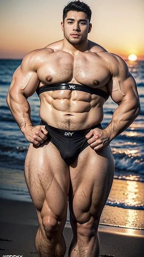 sugar dddy, muscular, beach, sunset, tall, giant, (((big pecs:1.3))), (((narrow waist:1.2))), (((wide hips:1.2))), (((thick thigh:1.2))), (((wide thigh:1.2))), handsome, ((tight jockstrap)), (((unrealistic)))