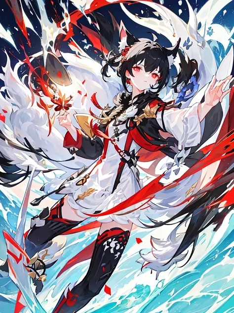 ,ears and tail with black spots,white fur,messy black hair,red eyes, extroverted and arrogant,genshin impact style clothing