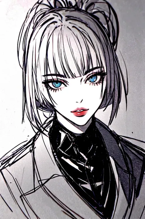 1 girl, villain, big anime cat eyes, bangs, Dull bangs, ponytail hair cut, closed mouth, lips, looking at the viewer, portrait, ponytail hair, sketch, solo, black formal uniform with a turtleneck shirt, portrait， 18 years old 