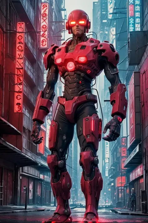 ((masterpiece,Highest quality)), (Glowing neon red light, Cyberpunk City ),
andromon_Digimon, Upper Body, 
alone, View your viewers, Dynamic pose,
Neon Light, Structure of the film,
Realistic images, highest quality, evil aura, rage, grotesque