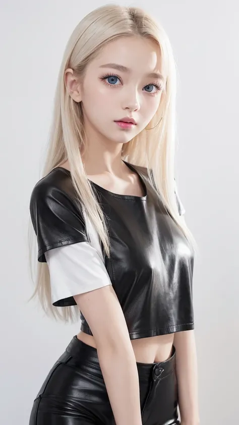 (((Short sleevesＴshirt、Black Leather Pants、White background)))、forehead、Northern Europe、Russia、beautiful girl、Platinum Blonde Hair、Straight long hair、Hitting the face and front of the eyes、Big blue eyes、Sheer white and wet nightgown、Northern Europeの若者、Perf...