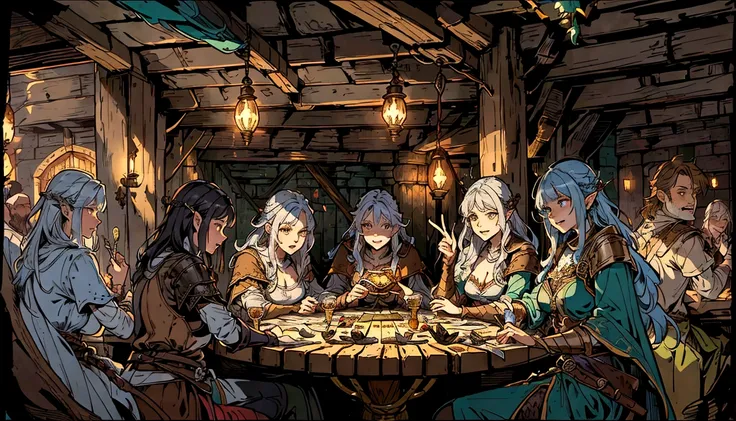 party of adventurers gathering in a tavern with candles and a food, wide shot, many people around drinking. tavern setting, lawther sit at table playing dnd, high quality dnd illustration, roleplaying game art, dnd , fantasy card game art, card game illust...