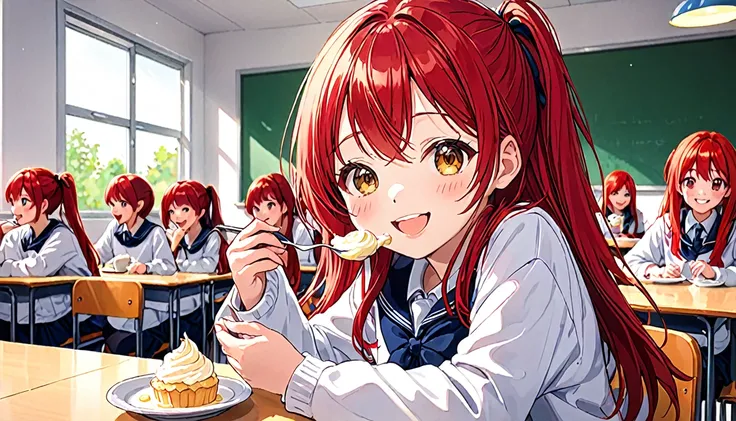 cute girl, 18 years, eating ce cream, smiling, red hair, class room,