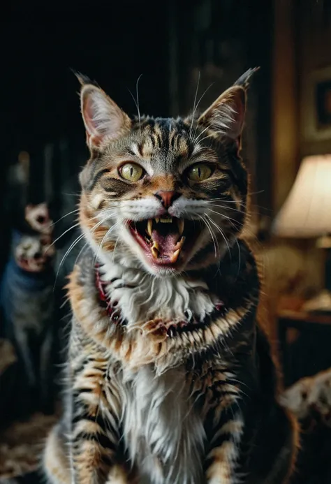 a zombie cat laughs at the camera, very detailed, photorealistic, night in the pet sematary, creepy atmosphere, cinematic, maste...