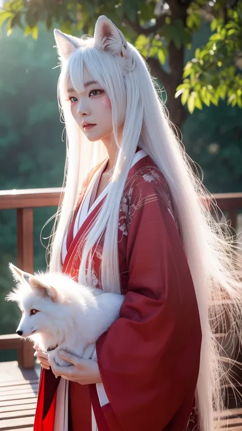 White Demon Fox、Nine-tailed Fox、Japanese women、kimono、Fair skin、Red lines on face、8K、I have long hair