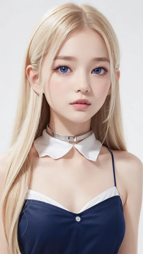 (((Camisole dress、Blouse with collar、White background)))、forehead、Northern Europe、Russia、beautiful girl、Platinum Blonde Hair、Straight long hair、Hitting the face and front of the eyes、Big blue eyes、Sheer white and wet nightgown、Northern Europeの若者、Perfect bo...