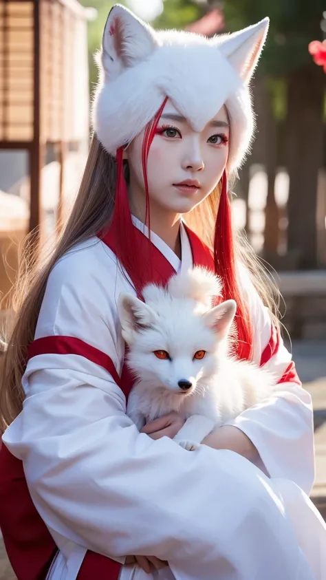 White Demon Fox、Nine-tailed Fox、Japanese women、kimono、Fair skin、Red lines on face、8K、I have long hair