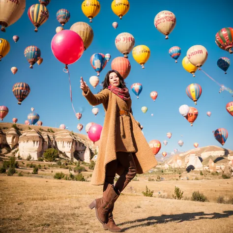 A beautiful 26 year old Indonesian woman wearing a beige coat, scarf and high boots poses elegantly with several giant colorful balloons in the sky of Cappadocia, Turkey.