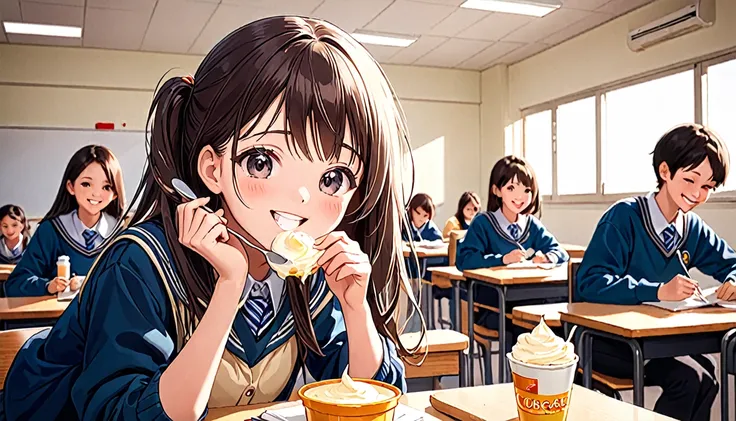 cute girl, 18 years, eating ce cream, smiling, class room,