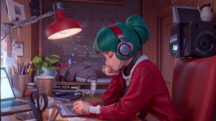 personagem de anime sentado em uma mesa com um laptop e fones de ouvido, louvar girl, louvar artstyle, louvar art, louvar feel, louvar girl aesthetic, louvar hip hop, louvar colors, louvar vibe, louvar vibes, louvar, louvar portrait, chihiro! Fujisaki, no ...