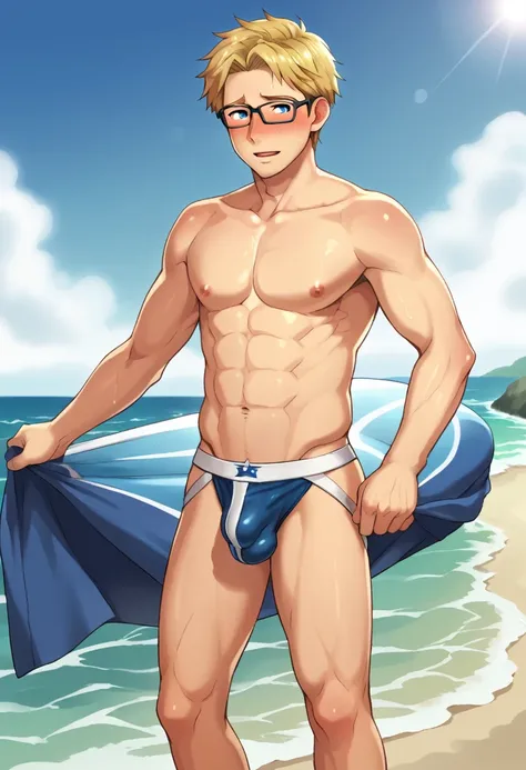 masterpiece, best quality, beach, 1boy, hot, perfect body, waves, glasses, blonde hair, blue eyes, (solo), toned, anime, mature male, blush, nose blush, full-face blush, male swimwear, swim briefs, speedo, jockstrap, (bulge, large bulge)