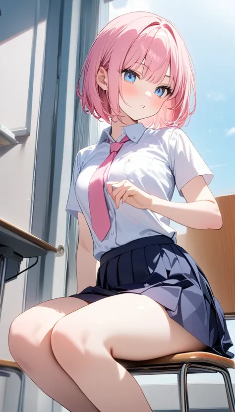 (1 girl),(Best Picture Quality, 8K, Masterpiece:1.3), (high school student:1.5), (pink lob hair), (bob cut), (slant skyblue eyes), ((school uniform, short simple sleeve shirt, darkblue skirt, pink tie)), (super clear:1.5), (glistening skin:1.1),(pale skin:...