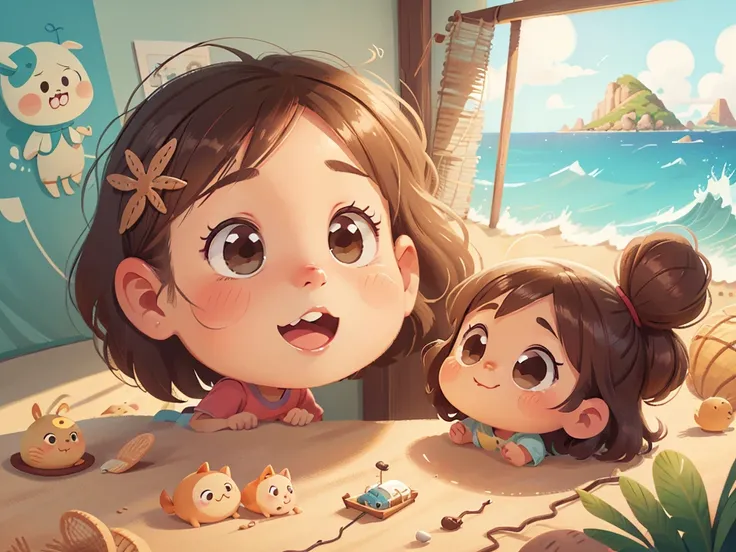 cartoon illustration,facial details,cute,indoor，seaside，sandy beach，sunshine，sea wave，