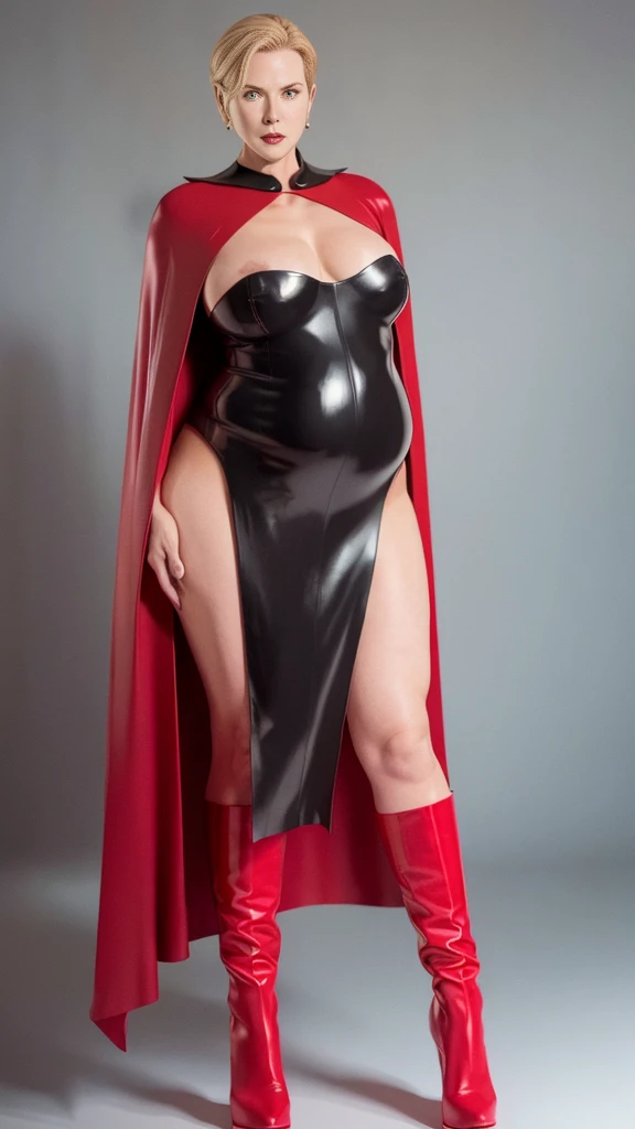 Gestapo:1.3, mature plump woman，Pregnant women, Very large breasts:1.7, Plus Size Model:1.3，Nicole Kidman, White women(Germany), 50 years old,, Very red lips, Are standing:1.7，blonde(Pixie Haircut)，Fat，smile，Very tight red catsuit，Black Cape(Cape), Pregnan...