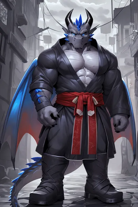 (sfw:1.5), male focus, Handsome 1boy, solitary，protrait photo, (White thick eyebrows:1.3)，single, (Dark gray corners,Dark gray curved corners:1.4), (深灰色的Dragon Wing:1.4), (Black nails, Black claws:1.4), Dark gray skin, (Dark grey tail:1.4), (Perfect blue e...