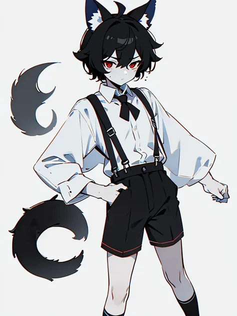 boy short messy black hair and red eyes,wildcat ears and tail,white shirt with suspenders and short black shorts with long tie