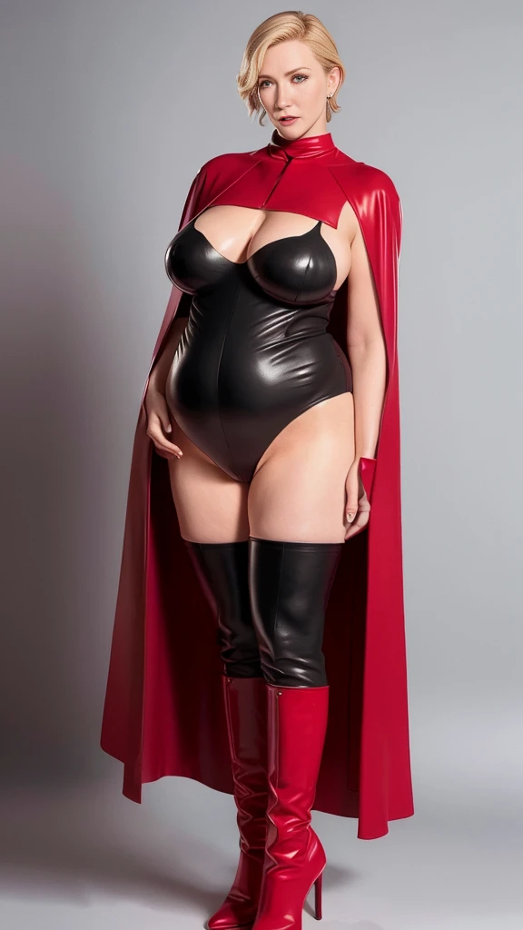 Gestapo:1.3, mature plump woman，Pregnant women, Very large breasts:1.7, Plus Size Model:1.3，Cate Blanchett, White women(Germany), 50 years old,, Very red lips, Are standing:1.7，blonde(Pixie Haircut)，Fat，smile，Very tight red catsuit，Black Cape(Cape), Pregna...