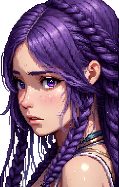 1girl, face, pixel art, single long braid hair, purple hair, close up, head and neck, bare shoulder, crying outloud, intricate, super detailed, 8k