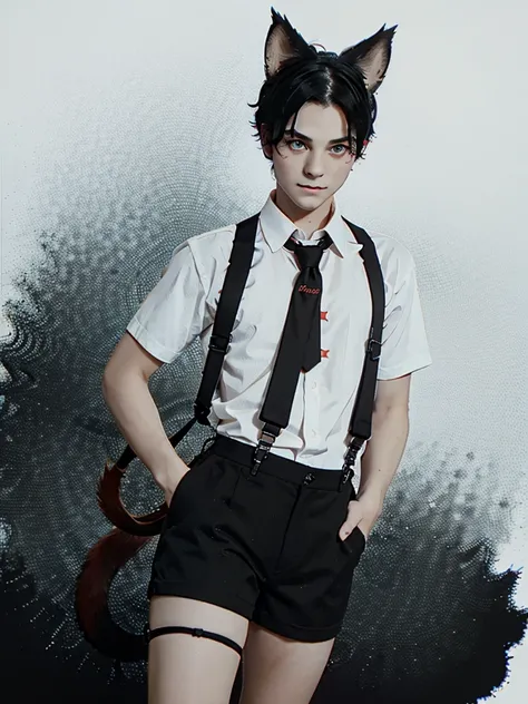 boy short messy black hair and red eyes,wildcat ears and tail,white shirt with suspenders and short black shorts with long tie 