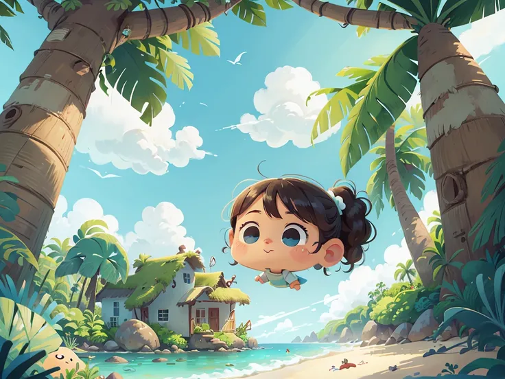 cartoon illustration,facial details,cute,indoor，seaside，sandy beach，sunshine，sea wave，coconut tree，woods，The blue sky and white clouds