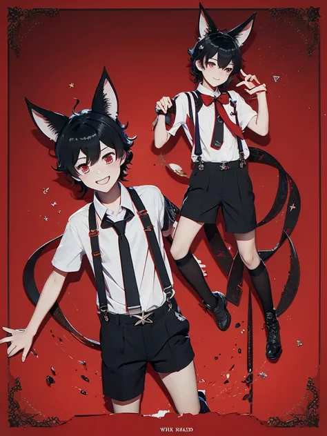 boy short messy black hair and red eyes,wildcat ears and tail,white shirt with suspenders and short black shorts with long tie