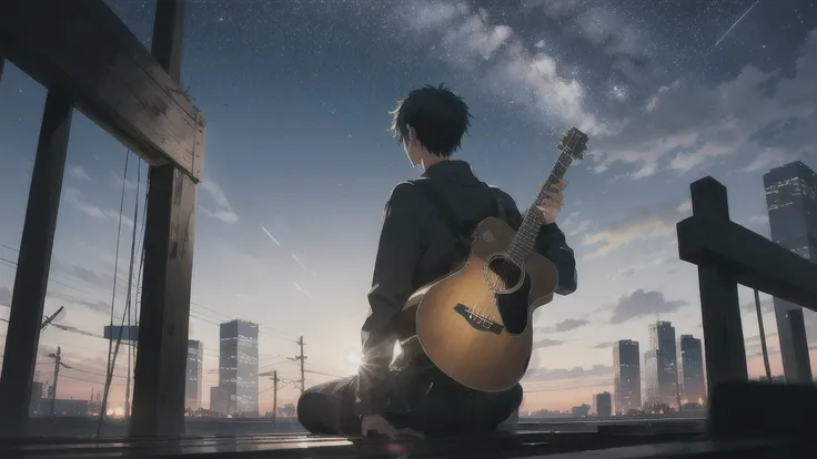 深night,暗いnight空,Octane, star (null), scenery, Blue parakeet,Acoustic guitar,star, night, One Boy, Back view,night, alone, Outdoor, Blue parakeet,building, cloud, milky way, Sitting, wood, Acoustic guitarが近くにある,city, silhouette