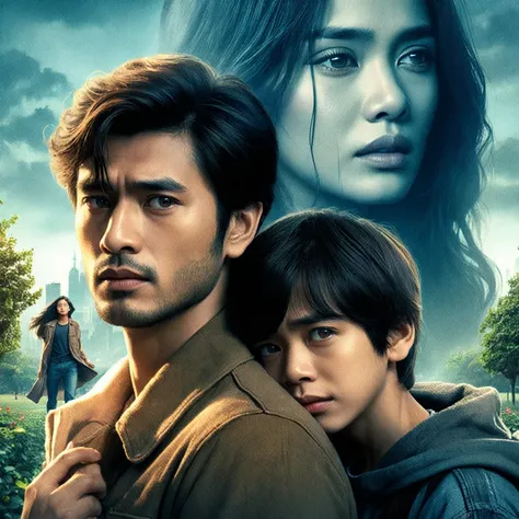 romantic Indonesian film poster, about long distance love, close up shot of a man and a 10 year old boy walking in a park while hugging, in the background there is a woman with long hair crying while looking at the two of them, they are gaze at the camera,...