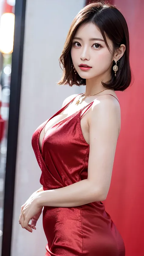 1 female, Beautiful Japanese actresses, Age 25, Double Eye,mile, Detailed face, Big earrings，Large Necklace, Flashy makeup using red eyeshadow，Delicate light brown short hair，the tips of the hair are wavy，Classy hairstyle，fine grain,Slender actress, Small ...