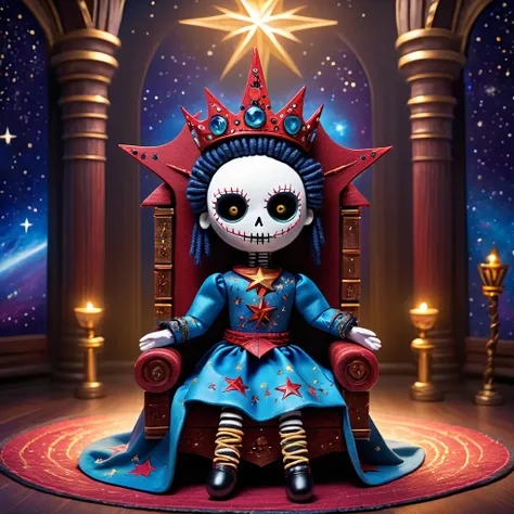 (knitted toy voodoo doll:1.5), (Voodoo Doll in a Star Throne Room:1.3), (Clothing: royal attire with star patterns:1.0), (Accessories: enchanted star scepter emitting celestial light, floating constellations:1.1), (background: magnificent throne room with ...