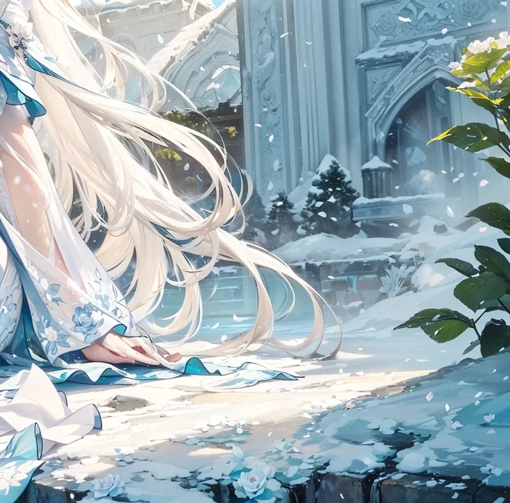 ((best quality，masterpiece，Extremely complex and exquisite details))，White long straight hair，(Correct hand anatomy)，(Exquisite light blue and white clothing，Beautiful bright and exquisite snow white ancient style high transparent architectural background)...