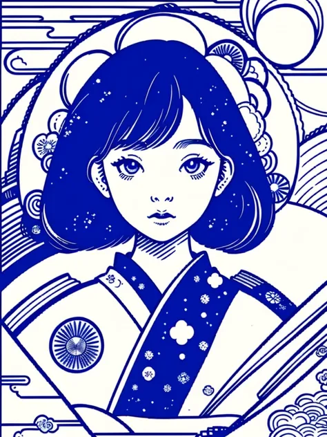 illustration of a traditional japanese girl, kimono, fancy hair, abstract and contemporary style, ((detailed and expressive eyes...