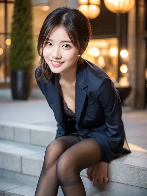 8k, (Raw photo:1.2), (Photorealsitic), Beautiful detailed, Famous popular actresses、 (Real: 1.4), extremely detailed eye and face, beatiful detailed eyes, ((Dazzling night illumination plaza:1.2)), ((Womens Suits:1.3, Ultra-realistic pantyhose:1.2))、selfee...