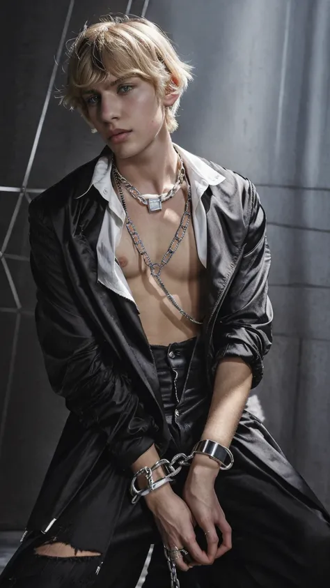 1boy, bangs, belt, black jacket, black pants, blood, bound, bound wrists, blonde hair, chain, chained, collared shirt, cuffs, cuts, formal, handcuffs, injury, jacket, kneeling, long sleeves, looking at viewer, male focus, open clothes, open shirt, pants, p...