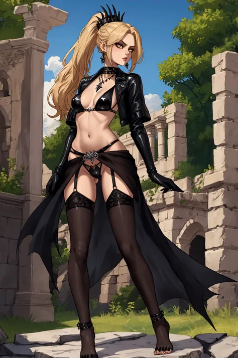 Very tall, slim milf; demon queen; blonde hairs and incredible long ponytail; strong goth makeup; brown eyes; small firm,pointy breast; sensual midriff; wearing jewelery, necklace, earrings, transparent black bikini top, short leather jacket, visible fancy...