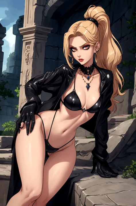 Very tall, slim milf; demon queen; blonde hairs and incredible long ponytail; strong goth makeup; brown eyes; small firm,pointy breast; sensual midriff; wearing jewelery, necklace, earrings, transparent black bikini top, short leather jacket, visible fancy...