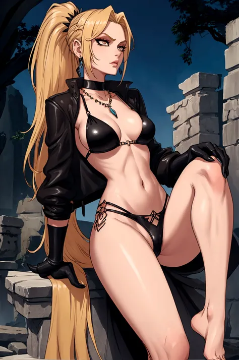 Very tall, slim milf; demon queen; blonde hairs and incredible long ponytail; strong goth makeup; brown eyes; small firm,pointy breast; sensual midriff; wearing jewelery, necklace, earrings, transparent black bikini top, short leather jacket, visible fancy...