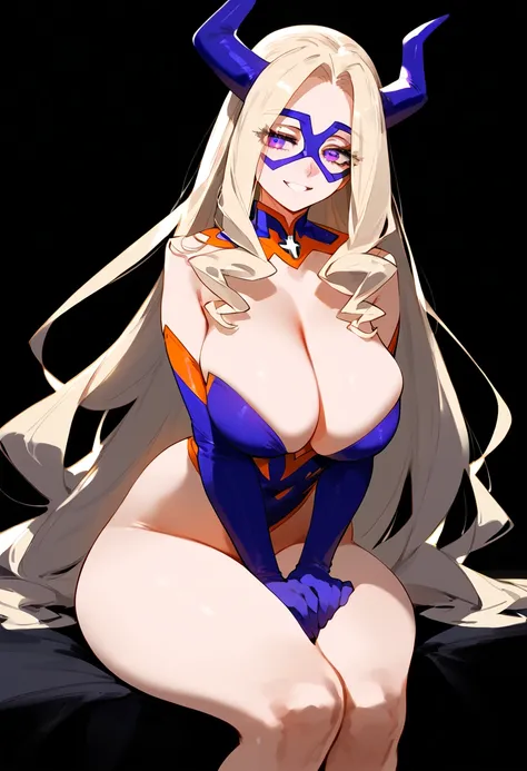 anime artwork, score_9, score_8_up, score_7_up, score_6_up, score_5_up, score_4_up, Mount Lady, blonde hair, purple eyes, big breasts, she is 24 years old, style_3, ,nude,naked,, black background, , , , , _, sit, legs together, smile, disembodied hands on ...