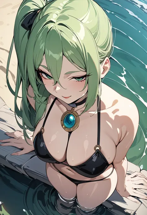 Masterpiece, best quality, absurdes, 4k, 1girl, Übel, from frieren, green hair, side ponytail, bangs, amulet, bikini, wide hips, busty, small waist, standing in a lake, seductive smile, from above 