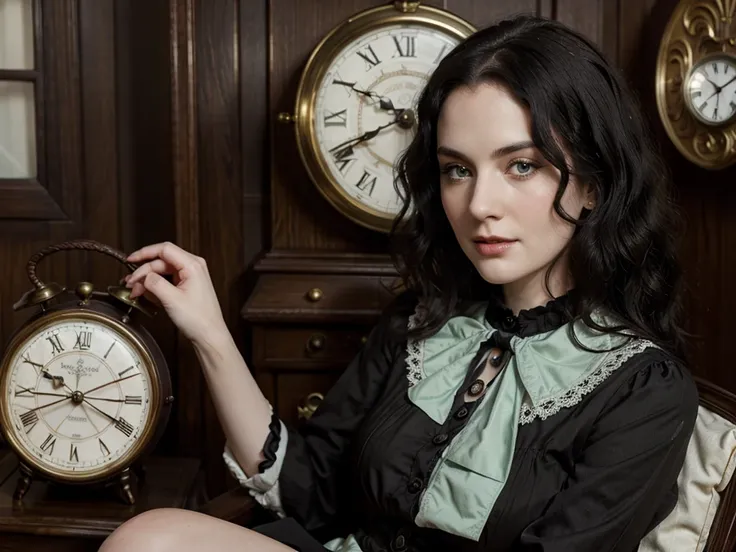 Wavy black hair, emerald eyes, pale skin, MILF, 1900s, clock maker, Vintage dress brown, reading.