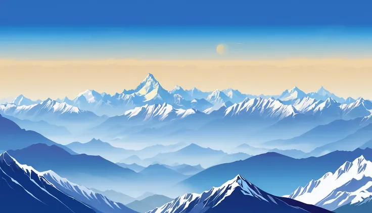 ((high resolution: 1.1))Himalayas，Snowy，The sky is magnificent。Wide panorama，high resolution、High Definition，Cool colors，Flat Wind，Minimalist illustration，Vector。