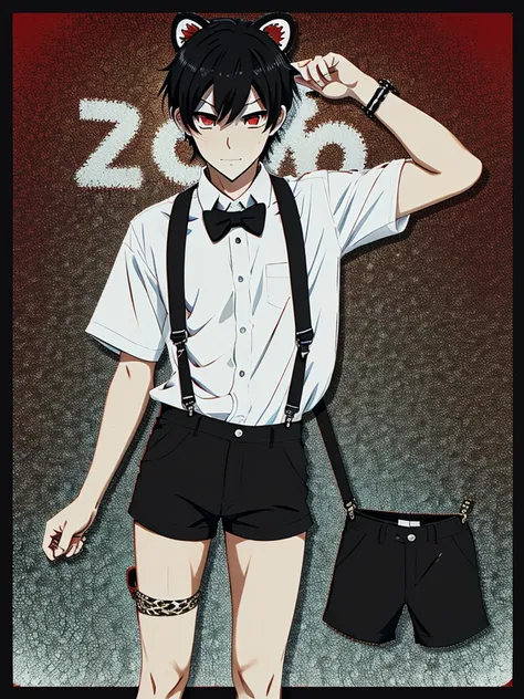 boy short messy black hair and red eyes,leopard ears and tail,white shirt with suspenders and short black shorts with long tie,anime styling