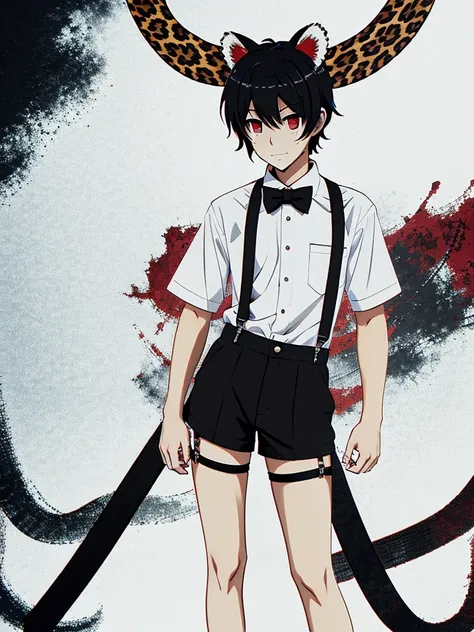 boy short messy black hair and red eyes,leopard ears and tail,white shirt with suspenders and short black shorts with long tie,anime styling