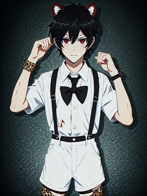 boy short messy black hair and red eyes,leopard ears and tail,white shirt with suspenders and short black shorts with long tie,anime styling