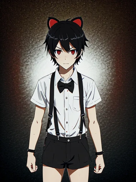 boy short messy black hair and red eyes,leopard ears and tail,white shirt with suspenders and short black shorts with long tie,anime styling