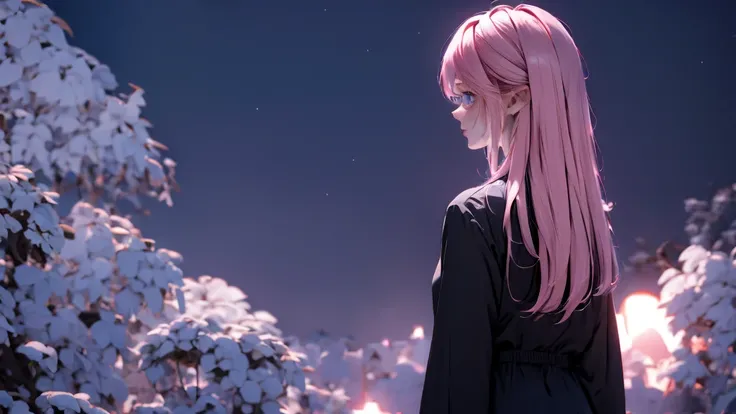 1 Girl , Girl medium light Pink hair, light blue eyes, wearing black suit 4D, night town , 18+ , high res, ultrasharp, 8K, masterpiece, looking from behind