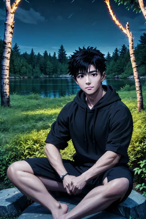 ((Highest quality)), ((masterpiece)), (detailed), Highest quality、High resolution、８K、Wearing a black hoodie、One adult male、33 years old、Dark Eyes、Slightly permed black hair、Japanese anime-like style、超High resolutionかわいい萌えアニメ8k、handsome face manly、Slender a...